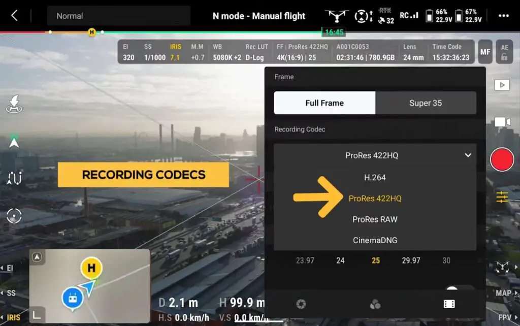 DJI INSPIRE 3 Drone BEST Settings A image of Inspire 3 Recording Codec Settings