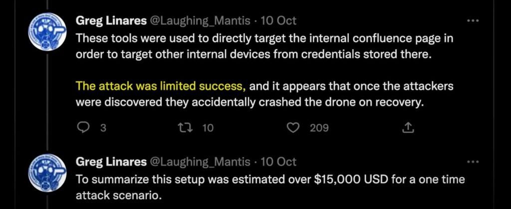 The Rise of Hacker Drones A image of Greg Linares Twitter Post