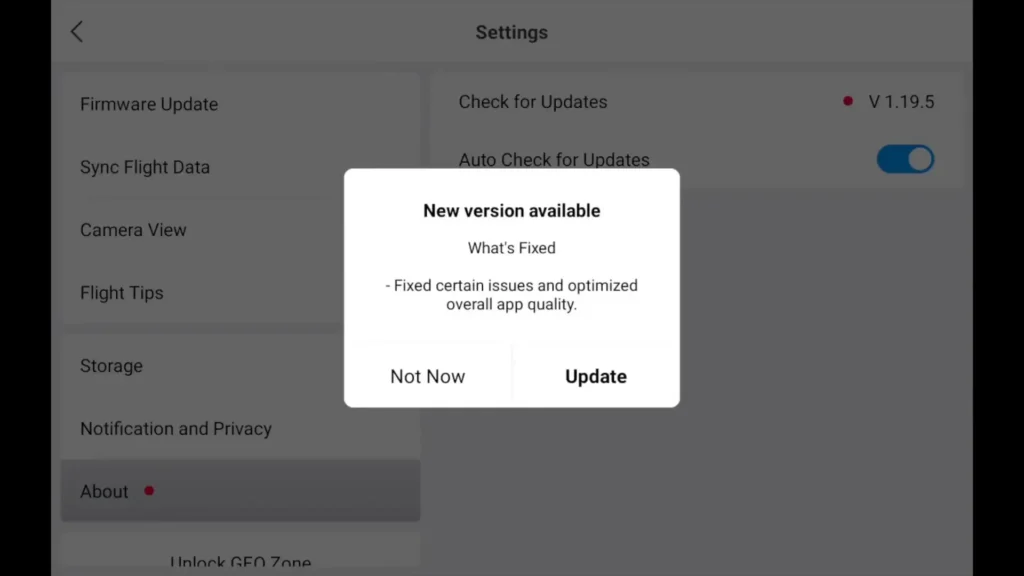 A image of DJI Fly App 1.19.5 Update