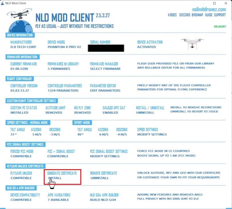 Unlock DJI Phantom 4: Turbocharge Performance by Breaking NFZ & Altitude Restrictions A Image of NLD MOD Client Generate Certificate