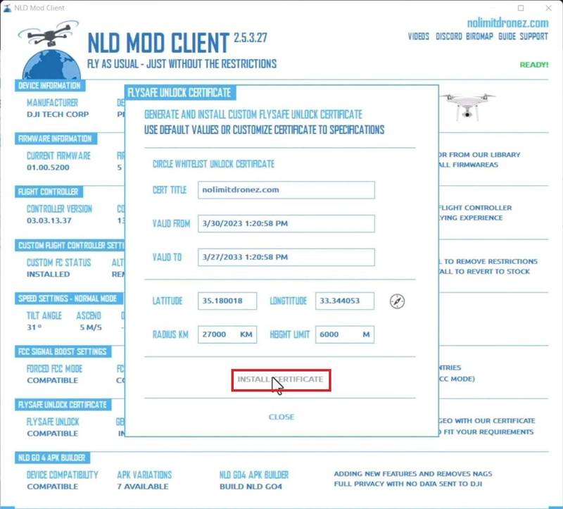 Unlock DJI Phantom 4: Turbocharge Performance by Breaking NFZ & Altitude Restrictions A image of NLD MOD Client Flysafe Certificate