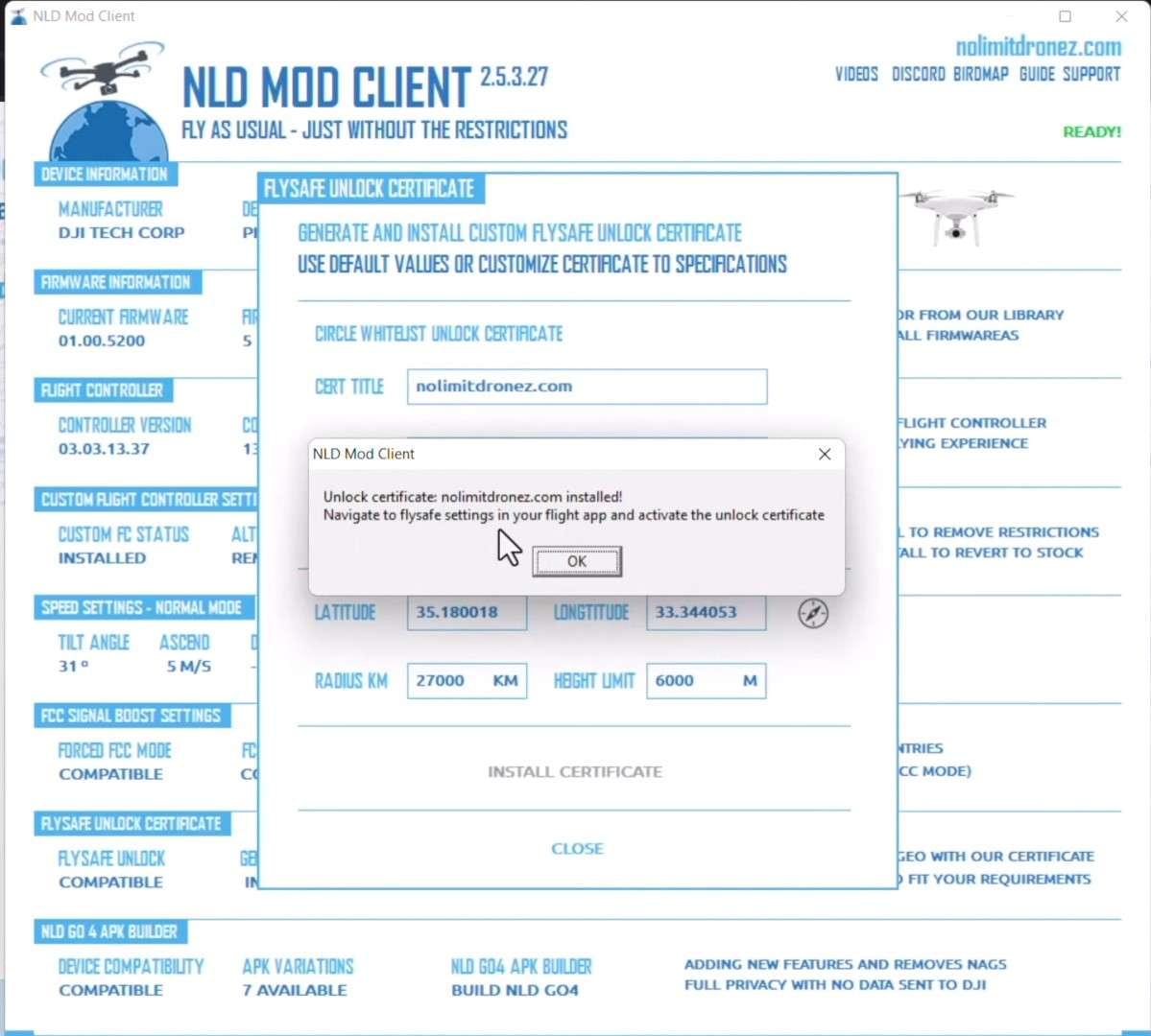 Unlock DJI Phantom 4: Turbocharge Performance by Breaking NFZ & Altitude Restrictions A image of NLD MOD Client Unlock Certificate