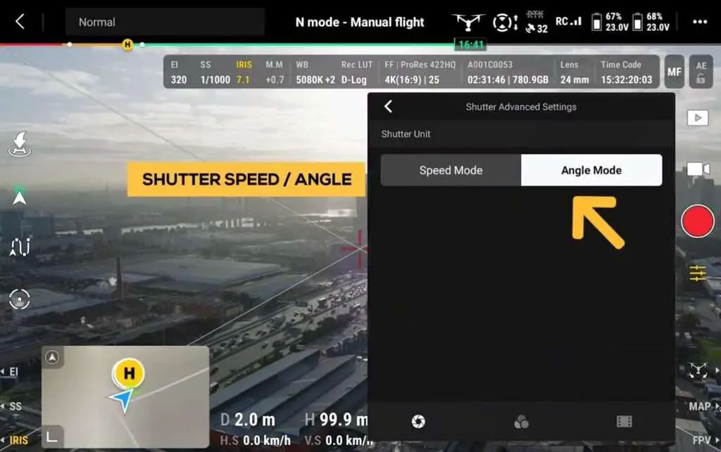 DJI INSPIRE 3 Drone BEST Settings A image of Inspire 3 Shutter Angle Mode